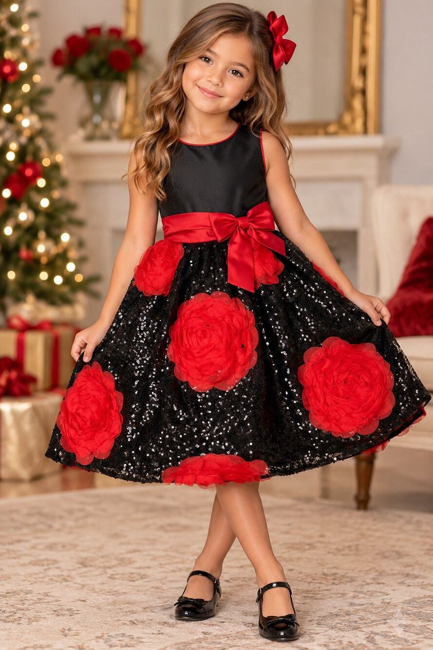 BEAUTIFUL! Zaatee Girls Size 6 Black Red Sequin Rose Formal Holiday Party Dress